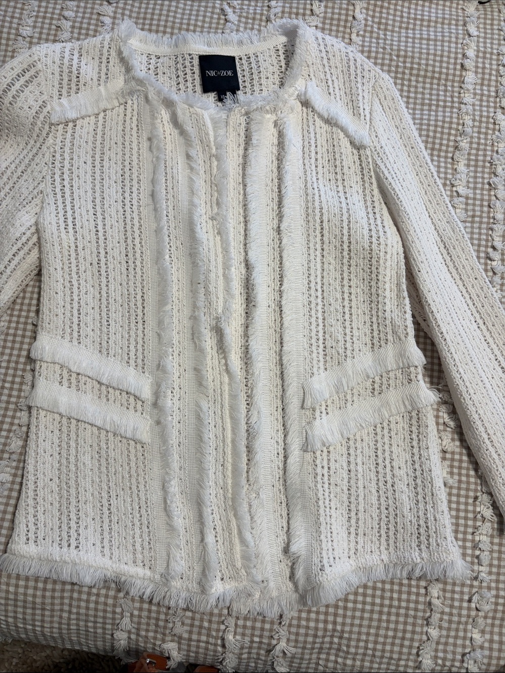 NIC+ZOE white Open-Front Fringe Knit Blazer